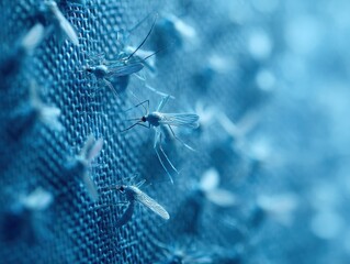 Poster - Close-Up of Mosquito Swarm on Window Screen Mesh with Blue Tone for Pest Control and Home Protection Advertising Eco-Friendly Infestation Defense Concept