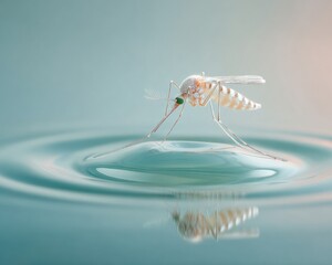 Poster - Close-Up of Aedes Mosquito Laying Eggs on Water Surface with Subtle Ripples for Scientific and Pest Control Awareness