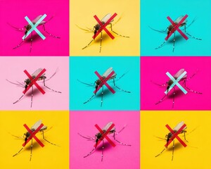 Poster - Vibrant Anti-Mosquito Concept with Colorful Grid and Prohibition Icons for Modern Health Campaigns and Digital Pest Control Awareness