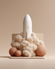 Poster - Minimalist Rocket Launch Emerging from Laptop with Stylized Cloud Textures and Earthy Spheres Digital Innovation and Business Growth Concept
