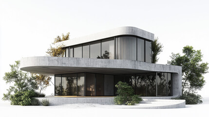 Poster - Modern concrete house with large windows and surrounding greenery, showcasing contemporary