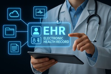 Ehr electronic health record system doctor using tablet for medical data management and healthcare technology