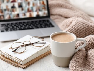 Aufkleber - Cozy Hybrid Learning Setup with Laptop Video Call, Glasses, Notebooks, and Coffee Mug on Soft Knit Blanket - Remote Work and Study Comfort
