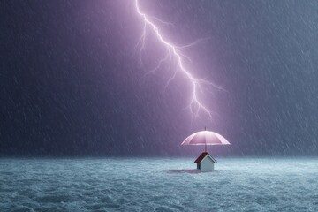 Poster - Flood Protection Concept with Miniature House Under Umbrella in Heavy Rainstorm and Lightning - Property Insurance and Risk Management Visual