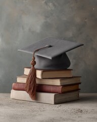 Poster - Minimalist Graduation Cap with Tassel on Vintage Hardcover Books for Academic Success and University Marketing in Modern Education Context