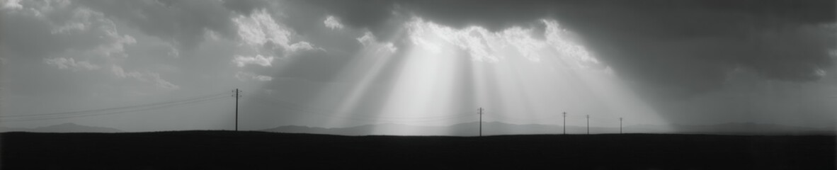 Poster - Dramatic Silhouetted Electrical Transmission Towers with Sunbeams over Landscape - Modern Grid Infrastructure for Energy Sector and Sustainable Power Distribution