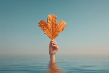 Aufkleber - Sustainable Emissions Control Concept with Hand Holding Autumn Leaf and Carbon Reduction Symbol Against Clear Sky Climate Action and Eco Awareness