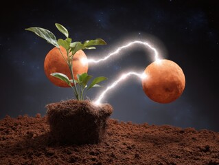 Poster - Quantum Entanglement Concept with Glowing Energy Nodes Connecting Plants in Soil, Futuristic Physics Visualization for Scientific Discovery and Innovation