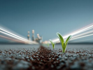 Aufkleber - Young Green Plants Sprouting Near Industrial Refinery Silhouettes Symbolizing Sustainable Emissions Control and Eco-Friendly Manufacturing Practices