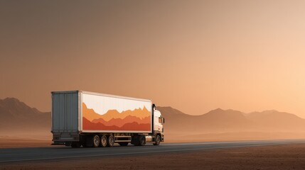 Fototapete - Driverless Cargo Truck on Highway with Financial Data Overlay at Sunset Tech Innovation in Transportation and Shipping Industry Efficiency