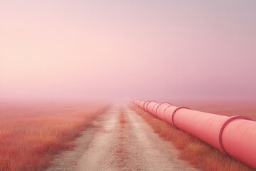Poster - Industrial Water Pipeline Crossing Arid Prairie with Foggy Atmosphere, Emphasizing Critical Infrastructure for Sustainable Resource Management