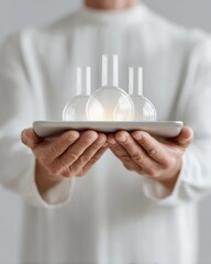 Poster - Modern Innovation Concept with Scientist Holding Tablet Displaying Transparent Chemical Flasks in Minimalist White Lab Environment