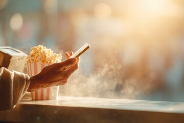 Aufkleber - Contactless Payment with NFC Smartphone at Cinema Concession Stand with Popcorn, Highlighting Cashless Convenience and Modern Mobile Transactions