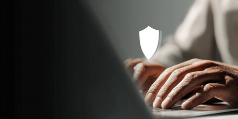 Fototapete - Cybersecurity Business Concept with Hands on Laptop and Holographic Shield Icon, Dramatic Lighting and Geometric Textures for Digital Data Protection