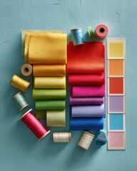 Poster - Vibrant tabletop flat lay of fabric swatches, colorful threads, and rainbow palette for DIY Pride flag making and sustainable creative crafting trends
