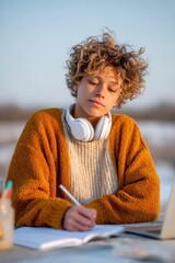 Aufkleber - Focused young student with headphones writing in notebook outdoors in soft natural light, showcasing modern remote learning, digital literacy, and neurodivergent education
