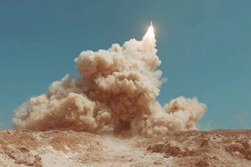 Poster - Powerful Rocket Launch from Sandy Terrain with Dust Plume and Blue Sky, Symbolizing Breakthrough Innovation and Space Mission Promotion