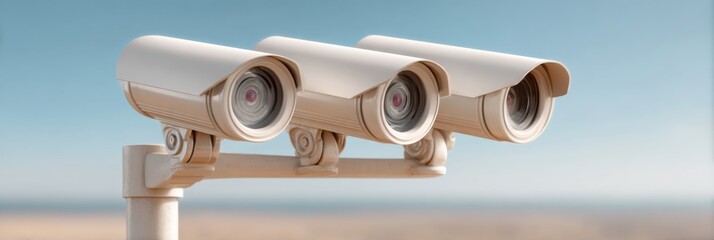 Poster - Modern Surveillance Camera Array on Industrial Pole with Cylindrical Protective Housing for Public Safety and Smart Security Systems Technology