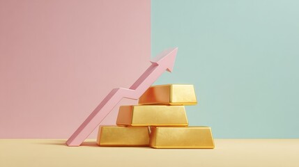 Poster - Bullish Trend Concept with Ascending Arrow and Stacked Gold Bars on Minimalist Background for Finance and Investment Growth Advertising