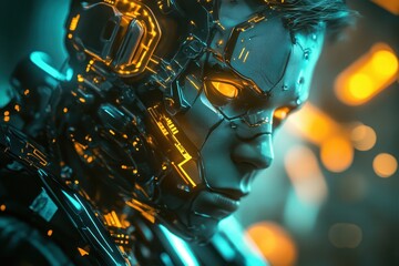 Poster - Futuristic cybernetic soldier with glowing circuitry stands in a high-tech environment showcasing advanced technology and military innovation during a neon-lit nighttime operation