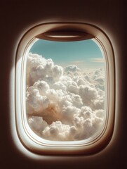 Poster - Airplane Porthole View of Fluffy Clouds Through Clean Oval Window Frame Showing Air Travel Comfort and Vacation Possibilities for Airline Marketing