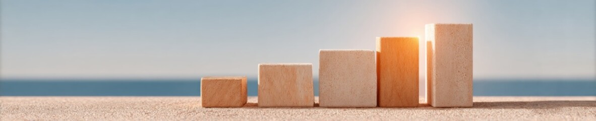 Poster - Structured wooden blocks stacked in ascending formation on neutral surface, symbolizing strategic business growth and methodical progress with warm natural light