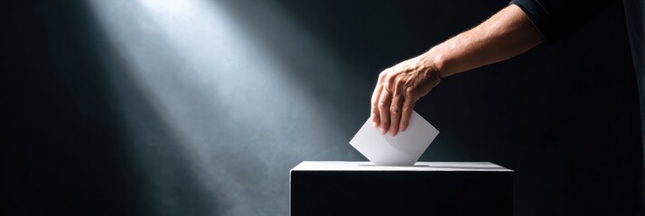 Aufkleber - Modern Civic Engagement Concept Hands Inserting Official Ballot into Secure Voting Box with Dramatic Lighting - Election Participation and Democratic Responsibility