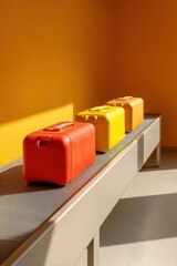 Poster - Modern Colorful Suitcases on Conveyor Belt in Minimalist Airport Setting Highlighting Travel Transition and Automated Baggage Handling Systems