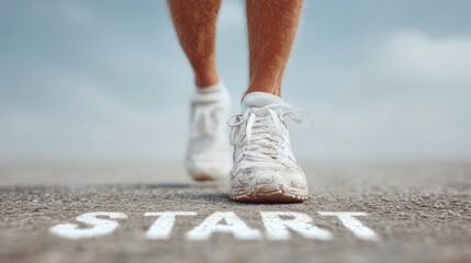 Poster - Dynamic Close-Up of Runners Athletic Shoes on Race Track Starting Line with Dust and Texture - Modern Sports Marketing and Performance Inspiration