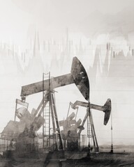 Aufkleber - Monochrome Oil Pump Silhouettes with Financial Data Overlay Highlighting Energy Sector Market Trends and Commodity Investment Insights