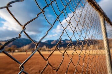 Aufkleber - Sports Marketing Concept Showing Dugout View Through Chain Link Fence with Focus on Baseball Field Journey and Competitive Anticipation