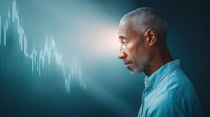 Fototapete - Stressed businessman analyzing downward financial chart in modern office, depicting economic downturn and market crash anxiety in business innovation context