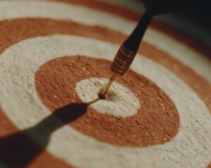 Poster - Precision Dart Hitting Bullseye on Wooden Target with Warm Golden Hour Light, Symbolizing Accurate Marketing and Targeted Advertising Success