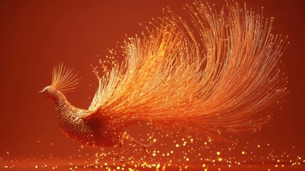Poster - A golden peacock with a dynamic, abstract, fiber-optic tail.