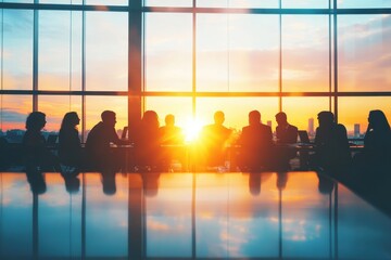Poster - Silhouette of business team in meeting with lens flare at sunset in modern office overlooking city skyline