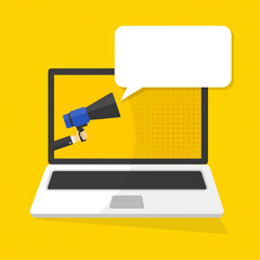 Fototapete - Megafono con mano. Sfondo dello schermo del computer notebook per laptop. Vogliamo il tuo feedback nella bolla vocale. Illustrazione  illustrazioni