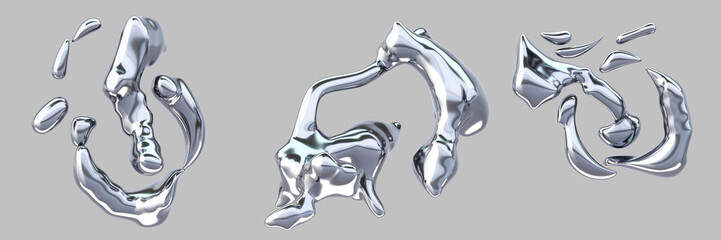 Poster - 3d metal chrome liquid y2k shapes. Abstract fluid silver elements, mercury drops and splash flow. Glossy platinum blobs, curve wave forms with blue gradient, isolated render icon set. 3D illustration