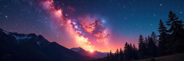 Wall Mural - Fiery meteor shower explodes across a star-filled night sky, illuminating majestic trees , dazzling, astrophotography