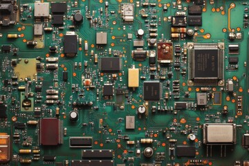 Poster - Detailed view of an electronic circuit board showcasing various components connected by intricate pathways and traces in a close-up layout