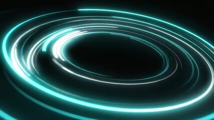 Poster - Vibrant neon light trails spinning clockwise, creating mesmerizing concentric circles on dark background, radiating futuristic visual dynamism