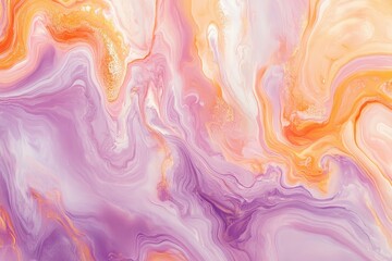 Poster - Sunset hues of orange, pink, and purple swirl in a marbled abstract painting, the colors blending and flowing creating a soft, dreamlike, ethereal effect