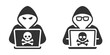 © Татьяна Петрова - Vector icon of hacker character using a laptop in hoodie.