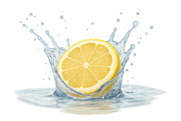 Poster - Half a lemon splashing into clear water, creating a vibrant and refreshing splash against a transparent background, exuding freshness