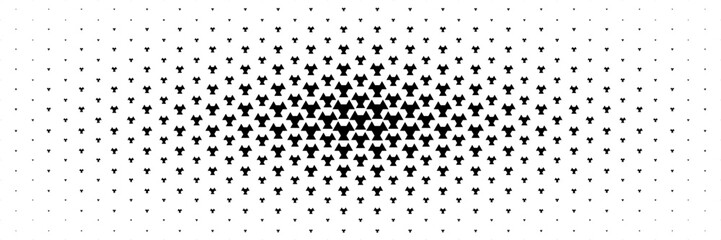 Poster - horizontal halftone of black triangle and hexagon design spread from center on white for pattern and background.