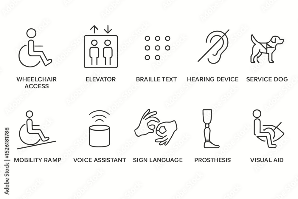 Stock-Vektorgrafik „Accessibility icons: wheelchair, elevator, braille ...