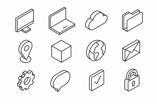 Set of 12 minimalist black and white technology icons in isometric style