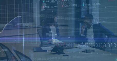 Poster - Image of finance data moving against multiracial colleagues discussing in office