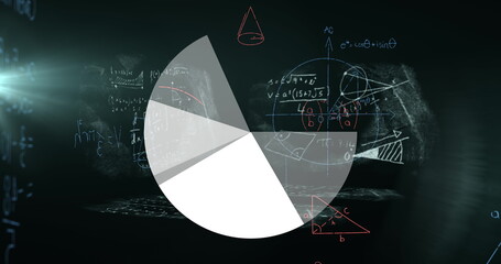 Poster - Image of digital screen with scientific data, graphs and math formulas on black background