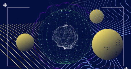 Poster - Image of globe spinning and white lines moving on black background