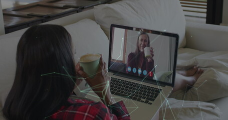 Poster - Image of network of connections over caucasian woman having laptop image call